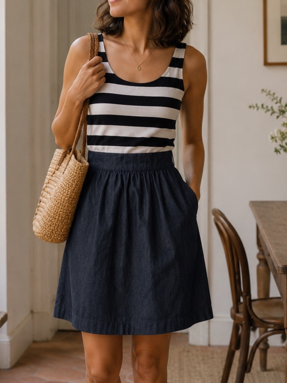 Nautical Stripe Tank Dress with Chambray Skirt